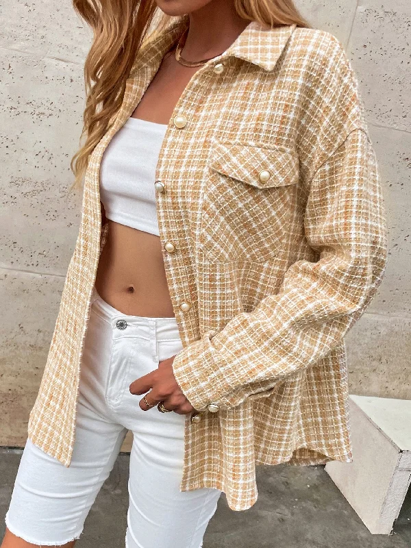 Plaid Pocket Long Sleeve Collar Short Women Overcoat