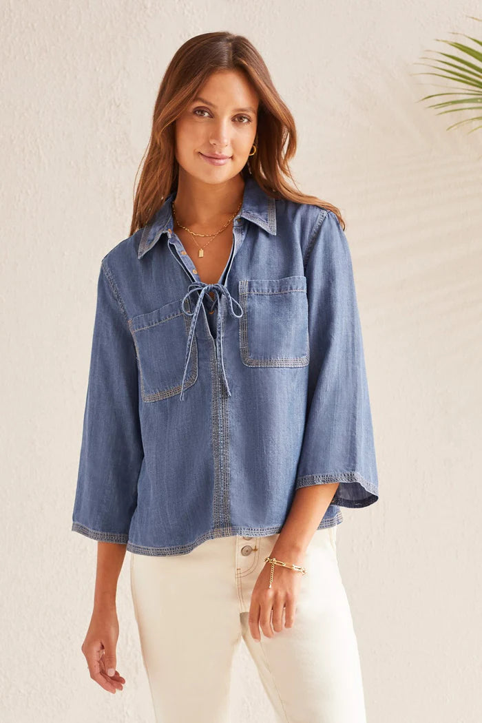 Chambray Lace Up Blouse