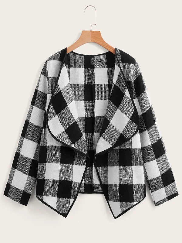 Casual Gingham Long Sleeve Waterfall Regular Women Coat