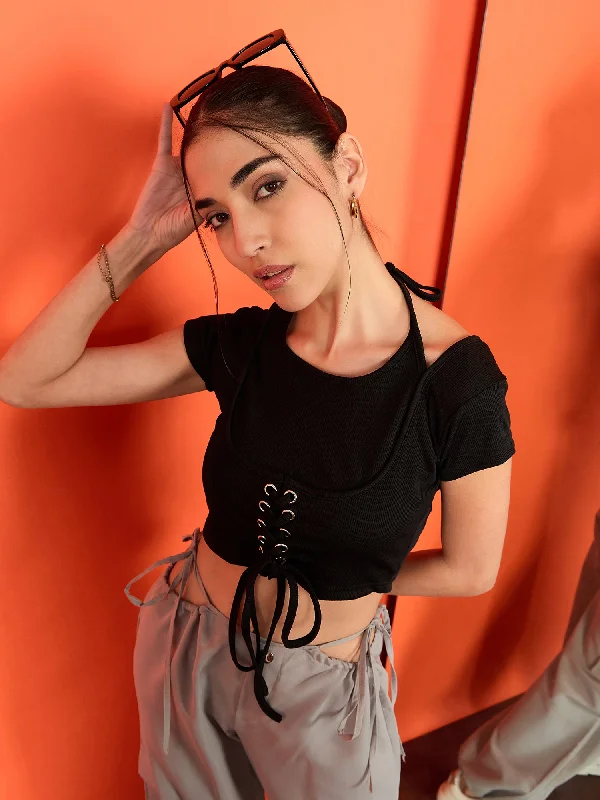 Mega Sale Stretchable Ribbed Halter Neck Eyelet Top