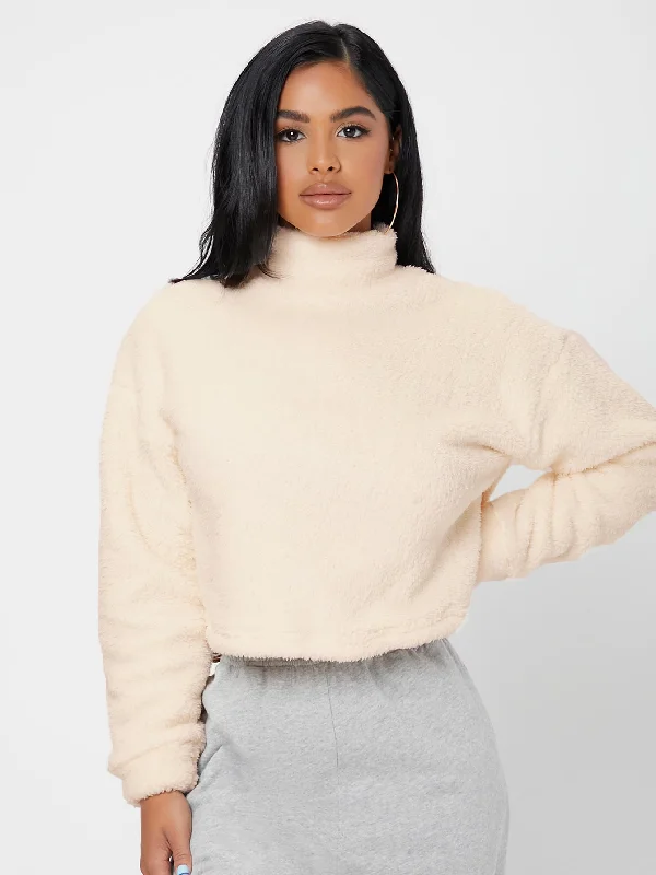 Casual Plain Long Sleeve Stand Collar Crop Womens Sweatshirt