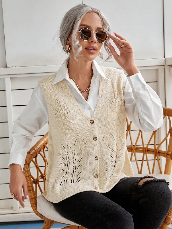 Casual Plain Button Front Sleeveless V Neck Knee Length Women Cardigan