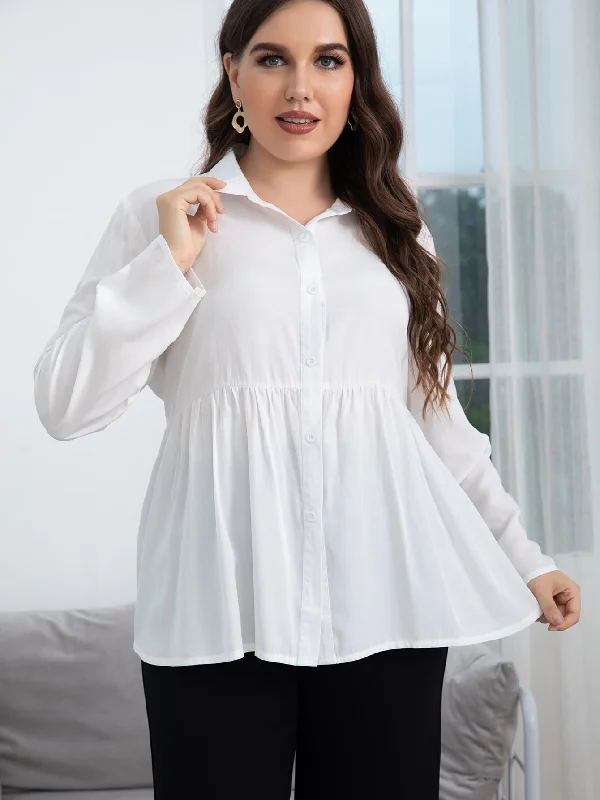 Plain Button Front Long Sleeve Collar Flared Long Plus Size Blouse