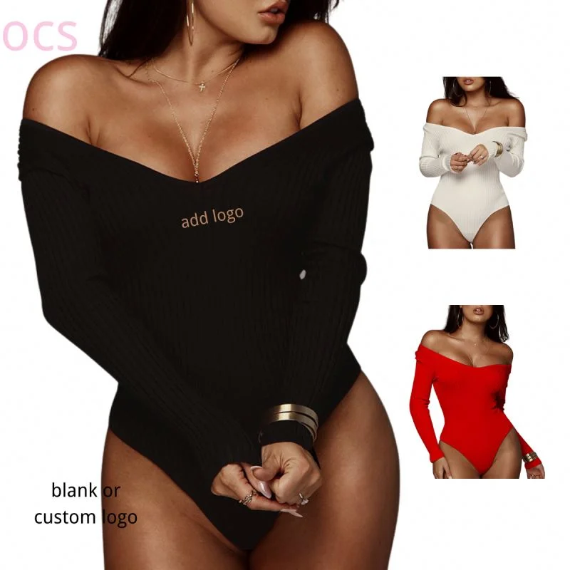 Women Clothing 2022 Custom Logo Deep V Neck Bodysuits Ribbed Long Sleeve Bodysuit Knit Polyester Tight Bodysuits Fall