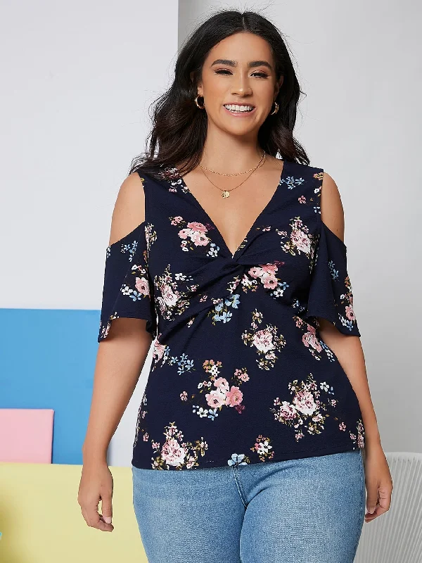 Floral Twist Half Sleeve V Neck Regular Plus Size Blouse