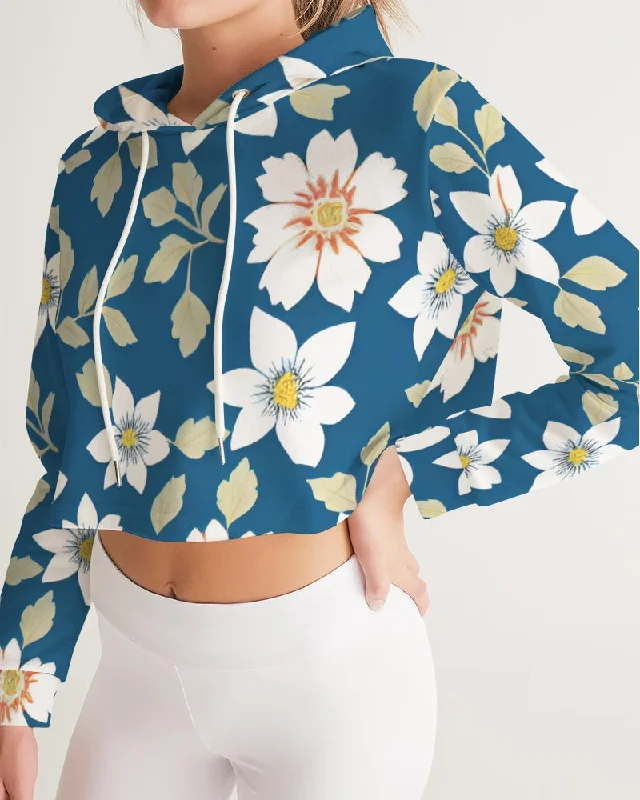 Dark blue background and white flower pattern Women's All-Over Print Cropped Hoodie