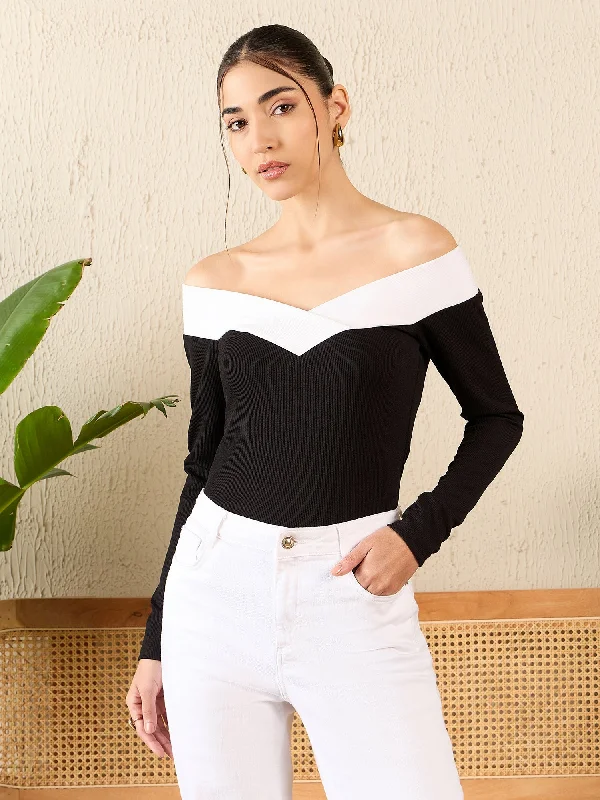 Act Now Colorblock Off Shoulder Full Sleeve Top