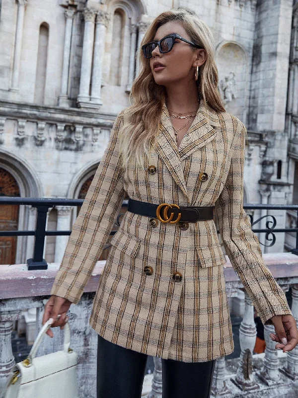 Plaid Double Button Long Sleeve Lapel Short Women Overcoat