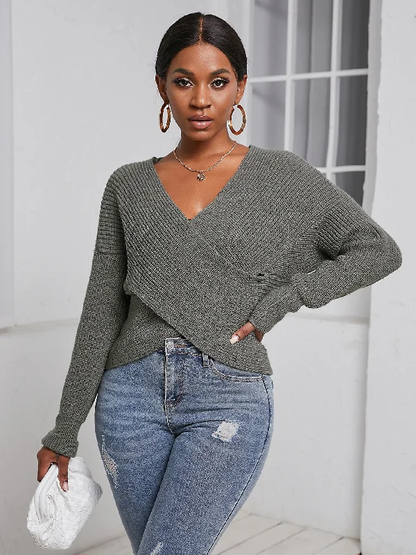 Casual Plain Criss Cross Long Sleeve V Neck Regular Women Sweater