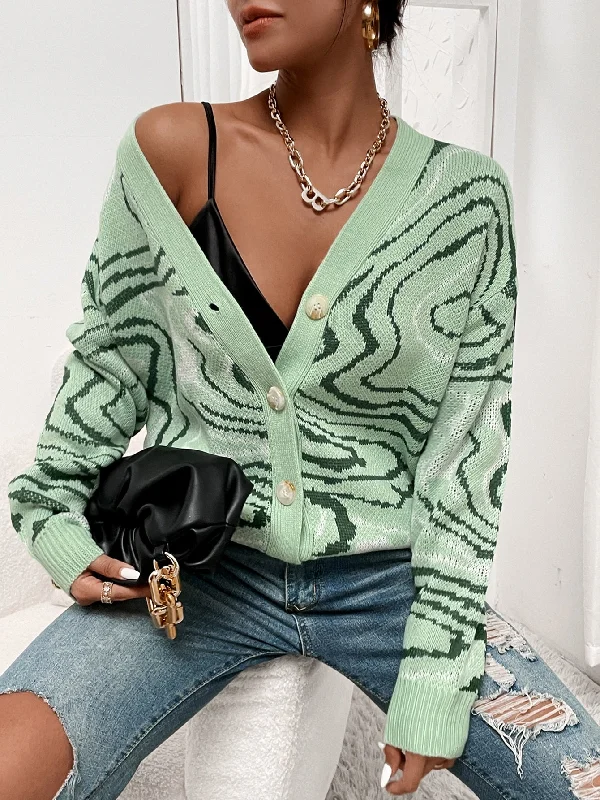 Casual Graphic Button Front Long Sleeve V Neck Regular Women Cardigan