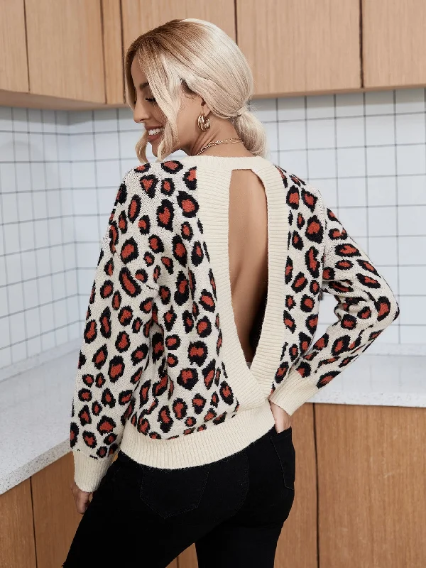 Sexy Leopard Backless Long Sleeve Round Neck Regular Women Sweater