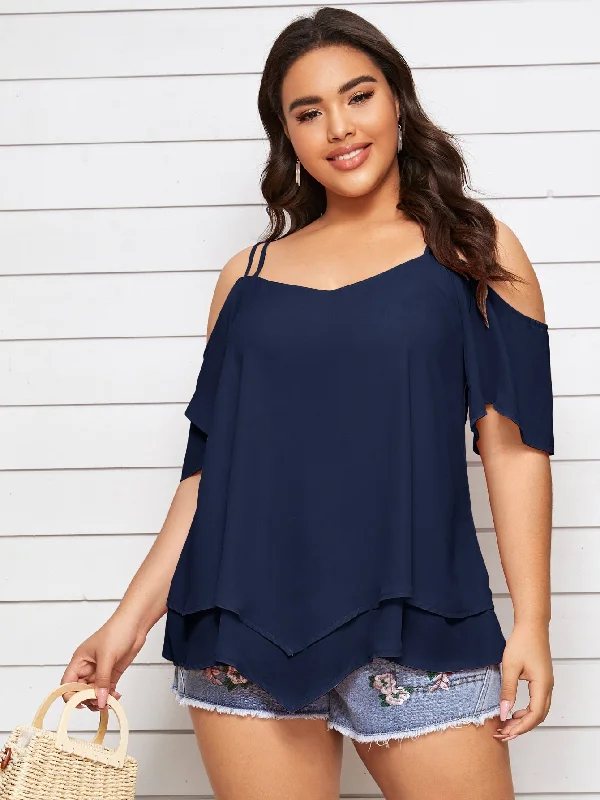 Plain Tiered Layer Short Sleeve Cold Shoulder Regular Plus Size Blouse