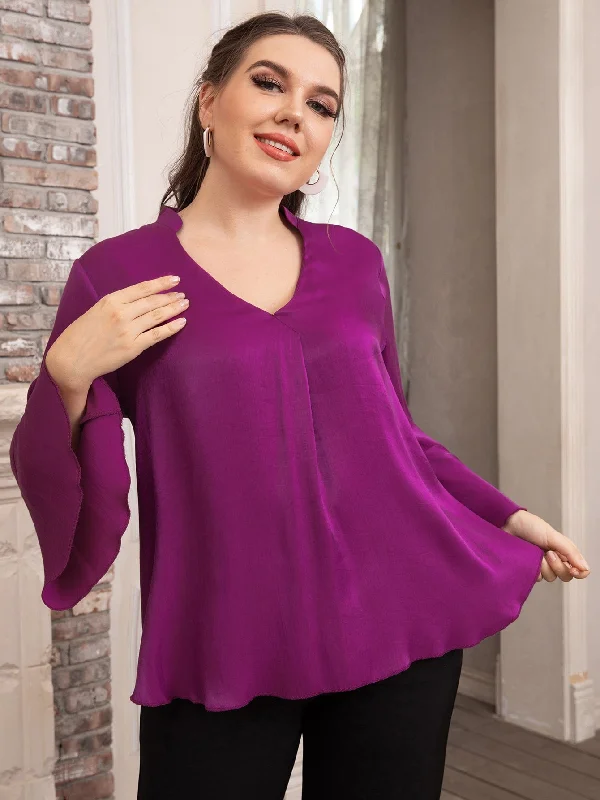 Plain High Low Long Sleeve Notched Regular Plus Size Blouse