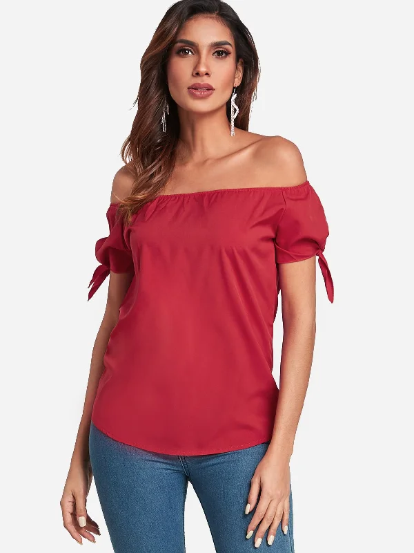 Custom Off The Shoulder Self-Tie Short Sleeve Top