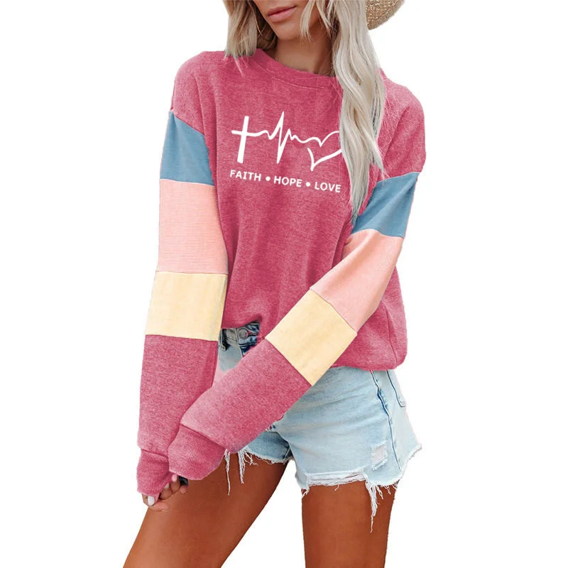 Patchwork Fashion Women Sweatshirt Casual Long Sleeve Pullover Faith Print Crewneck Women logo hoodie  Sweatshirt