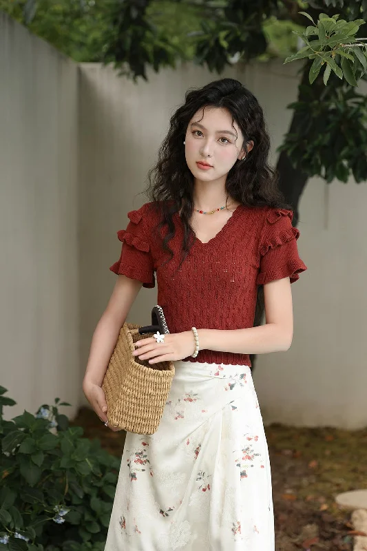 Seasonal Clearance V-neck Knit T-shirt for Women