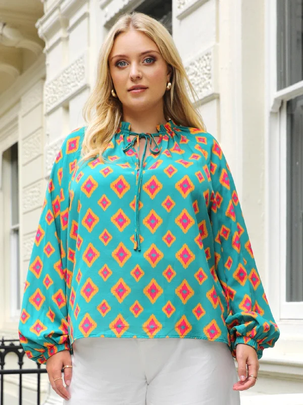 Boho All Over Print Knot Long Sleeve Stand Collar Regular Plus Size Blouse