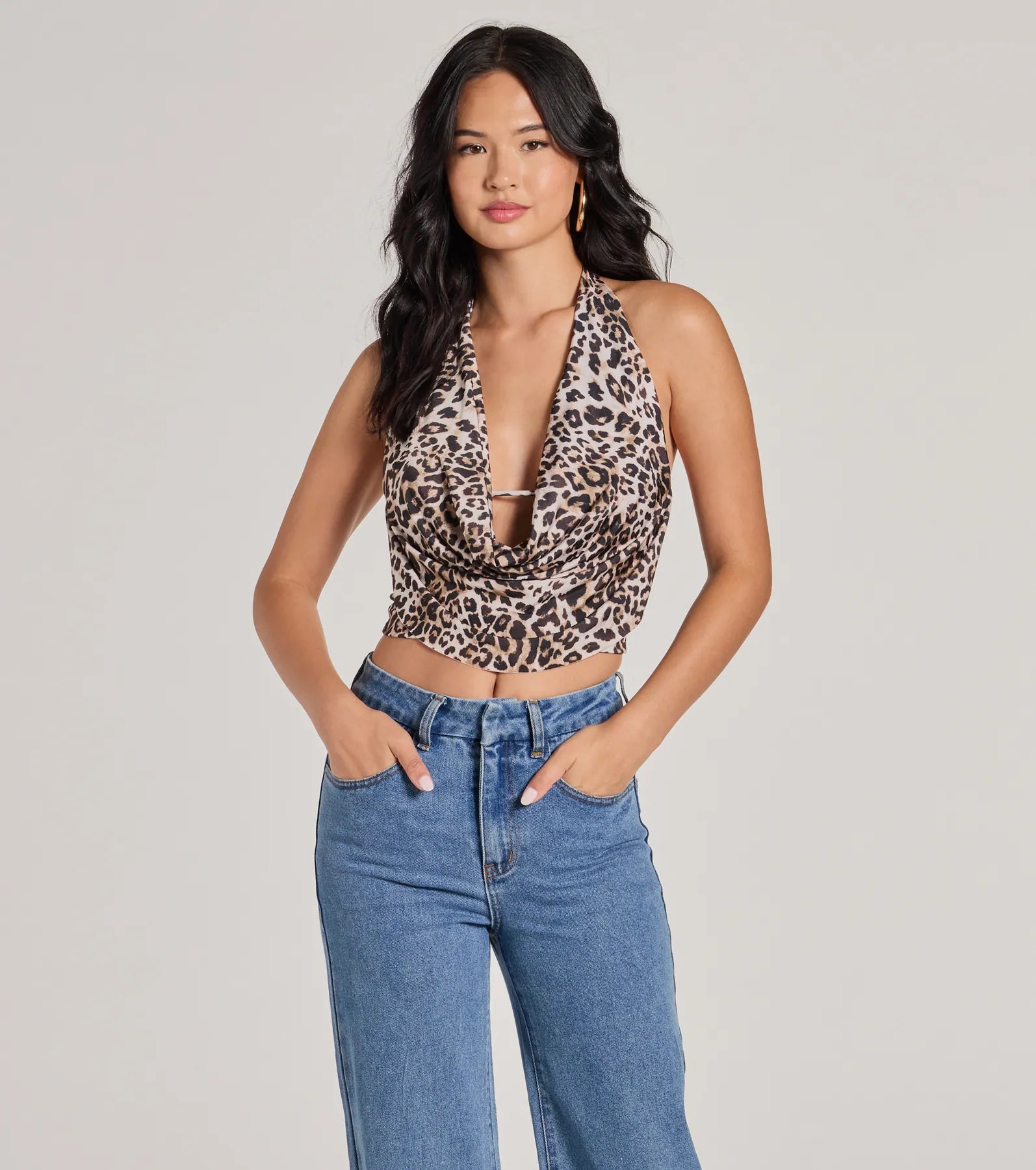 Prowlin Around Cowl Halter Leopard Crop Top