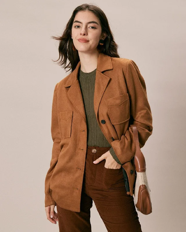 The Brown Lapel Pockets Button Suede Jacket