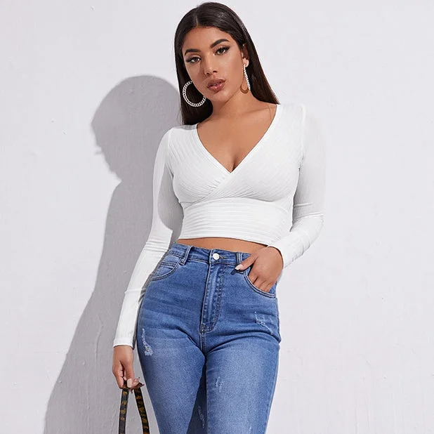 BerriesJam - Long Sleeve Crop T-shirt V-Collar Bare Midriff Stretch Tee