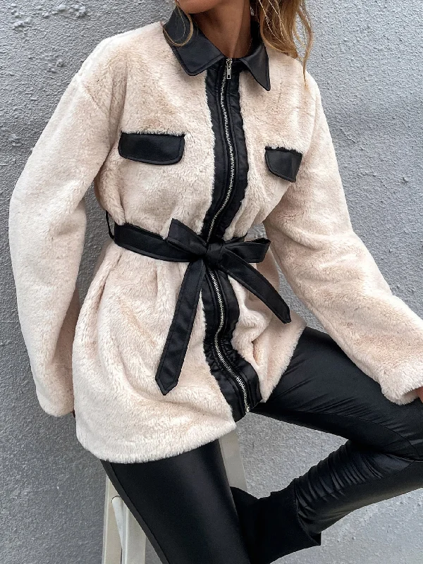 Casual Colorblock Contrast Binding Long Sleeve Collar Short Women Coat