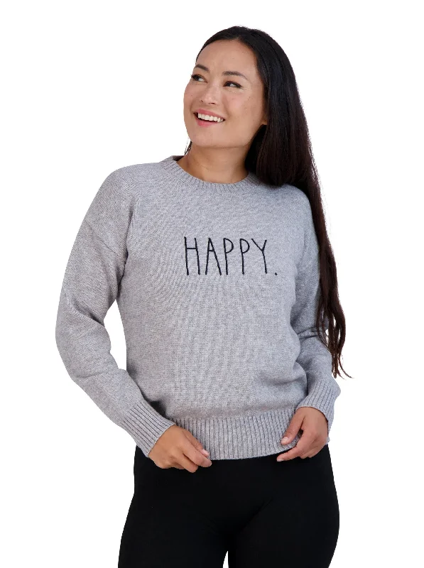 Women's Embroidered "HAPPY" Knit Gray Sweater