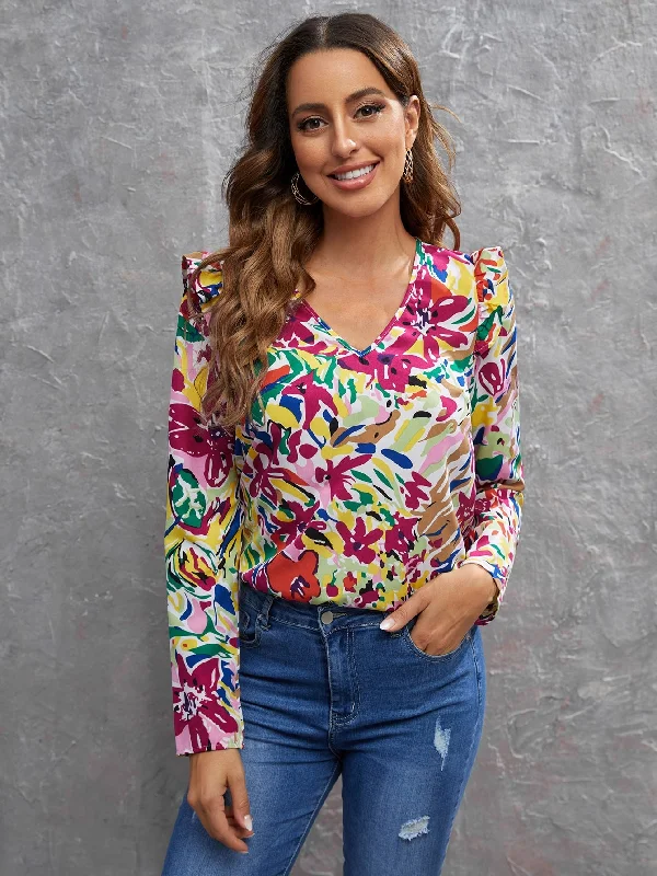 Boho All Over Print Ruffle Long Sleeve V Neck Regular Blouse