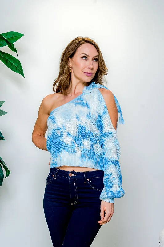 Tie Dye Cold Shoulder Mono Long Bishop Sleeve Knit Top (IBT05966)