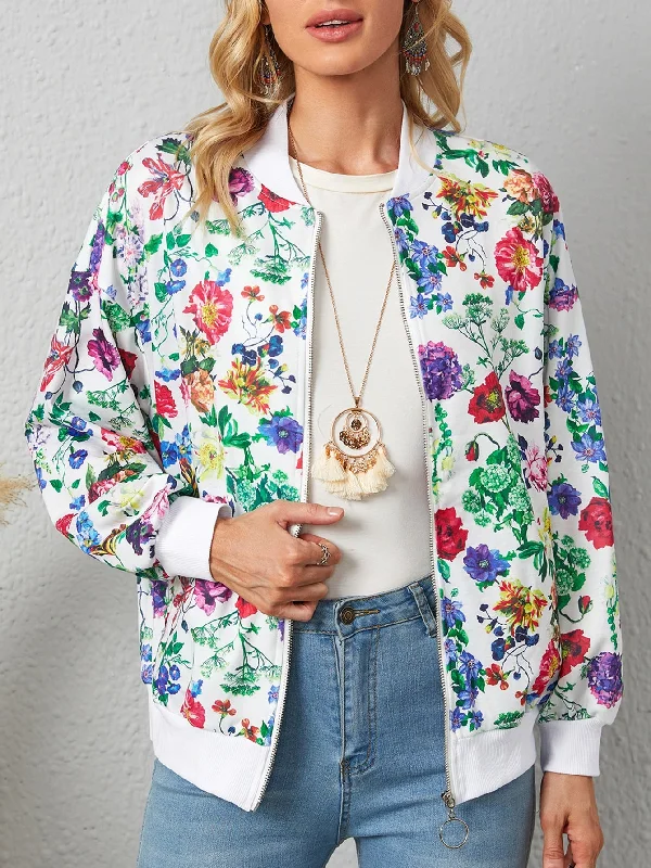 Casual All Over Print Long Sleeve Baseball Collar Regular Women Jacket