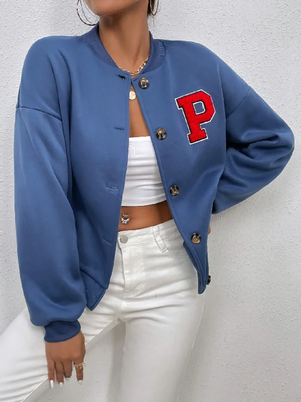 Sporty Letter Button Front Long Sleeve Baseball Collar Regular Women Jacket