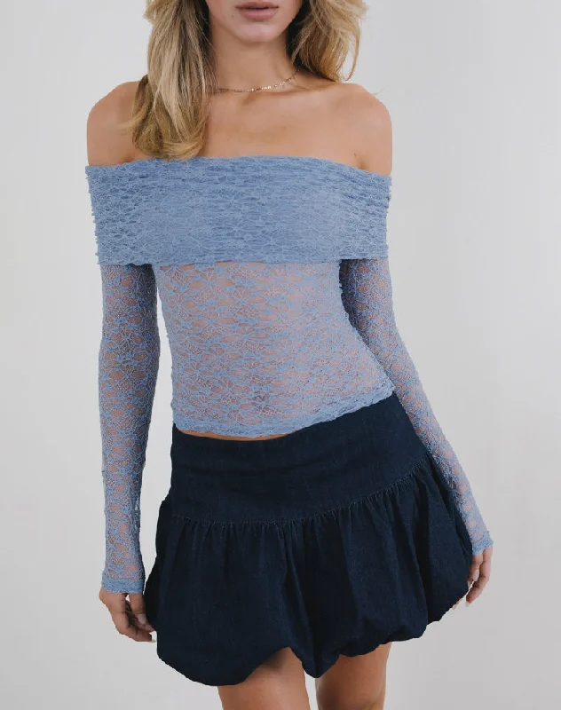 Nesta Bardot Top in Unlined Lace Blue