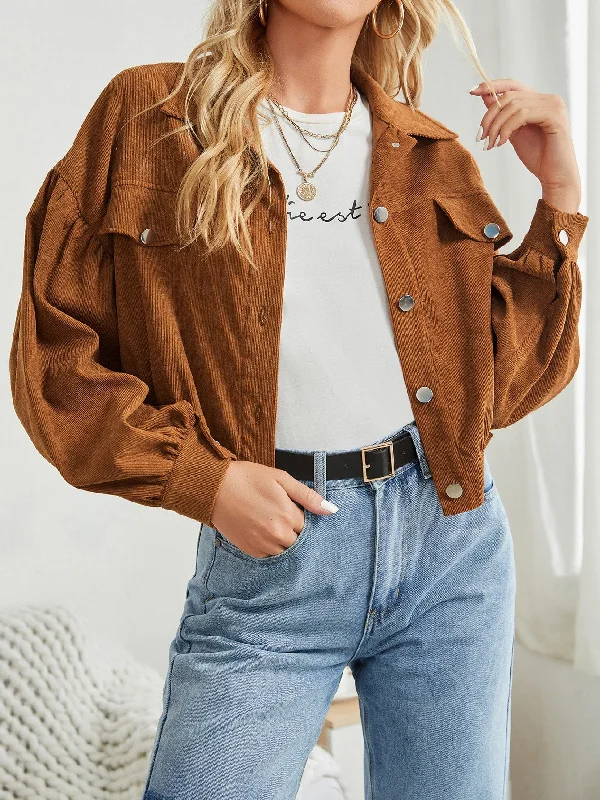 Casual Plain Button Front Long Sleeve Collar Crop Women Jacket