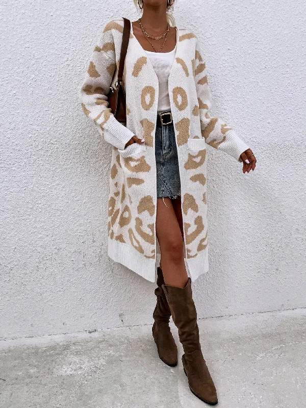 Casual Leopard Pocket Long Sleeve Midi Women Cardigan