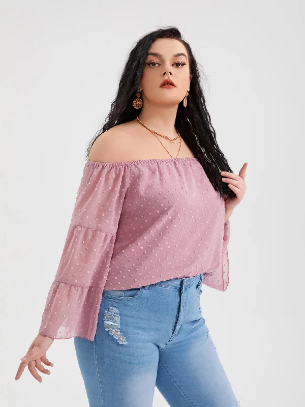 Plain Long Sleeve Off The Shoulder Regular Plus Size Blouse