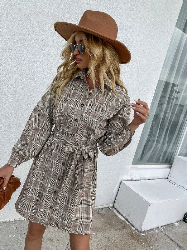 Casual Plaid Button Front Long Sleeve Collar Flared Short Women Coat