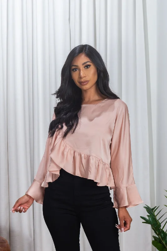 Long Sleeve Scoop Neck Asymmetrical Ruffle Hem Blouse in Champagne Blush* (171135)