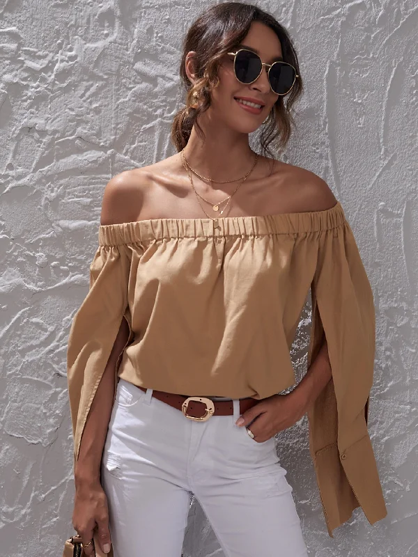 Casual Plain Split Long Sleeve Off The Shoulder Regular Blouse