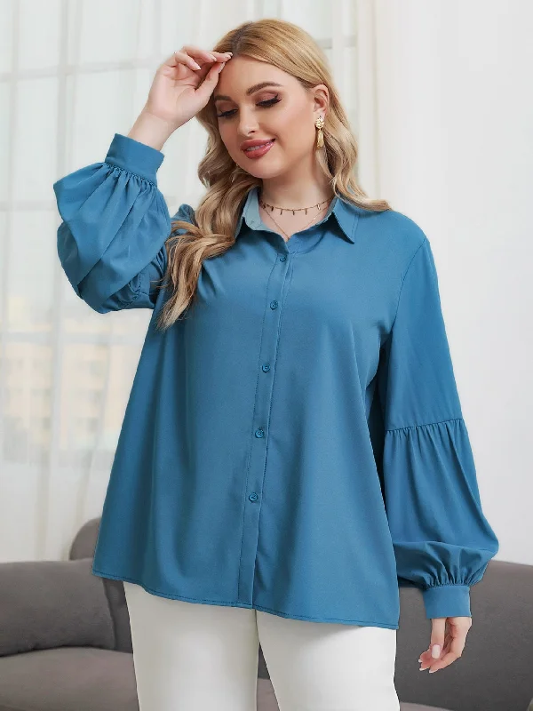 Plain Button Front Long Sleeve Collar Long Plus Size Blouse