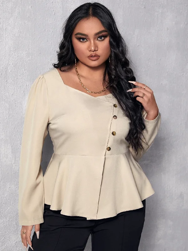 Plain Ruffle Hem Long Sleeve Sweetheart Flared Regular Plus Size Blouse