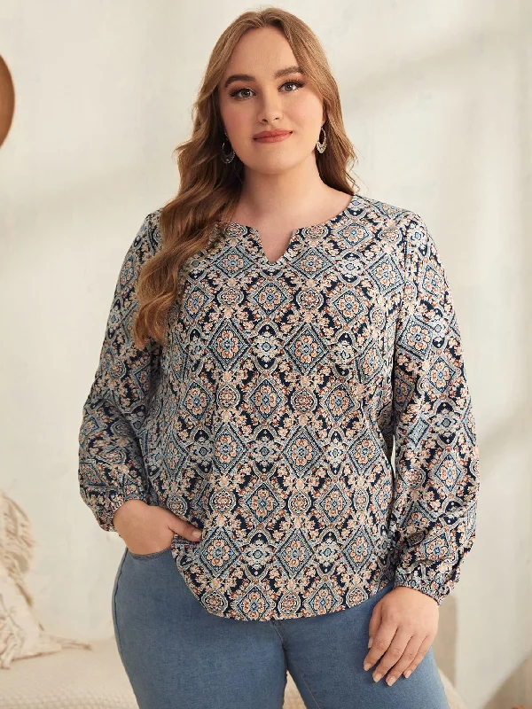 Boho Geometric Long Sleeve Notched Regular Plus Size Blouse