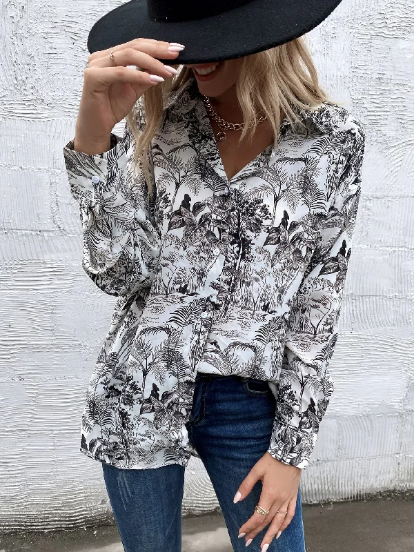 Casual Tropical Button Front Long Sleeve Collar Long Blouse