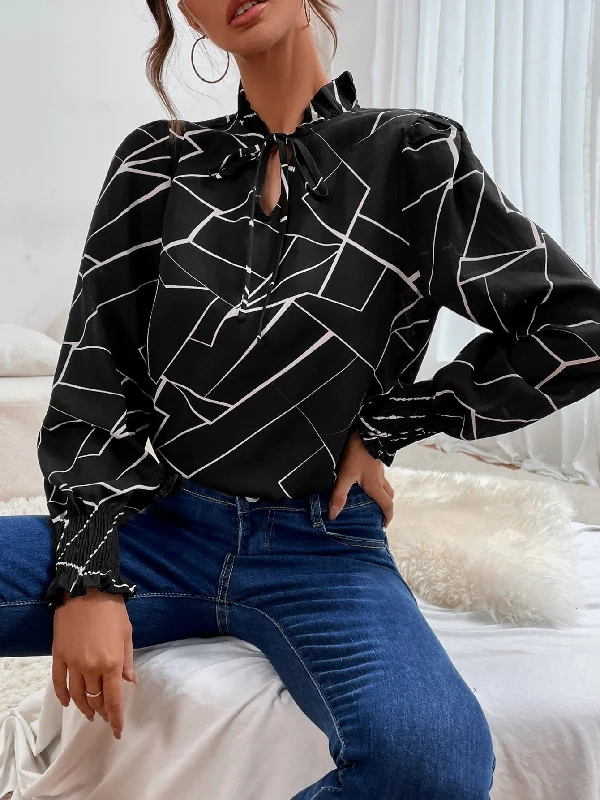 Casual Geometric Shirred Long Sleeve Tie Neck Regular Blouse