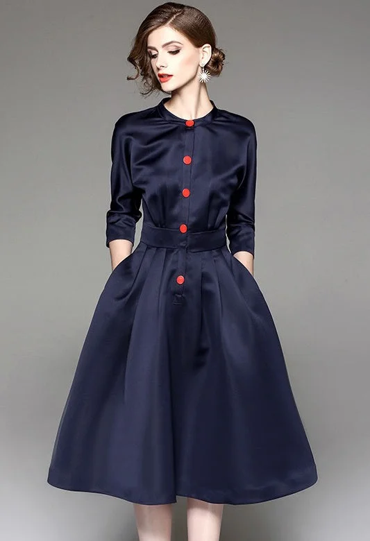 Navy Midi Dress W/ Red Buttons