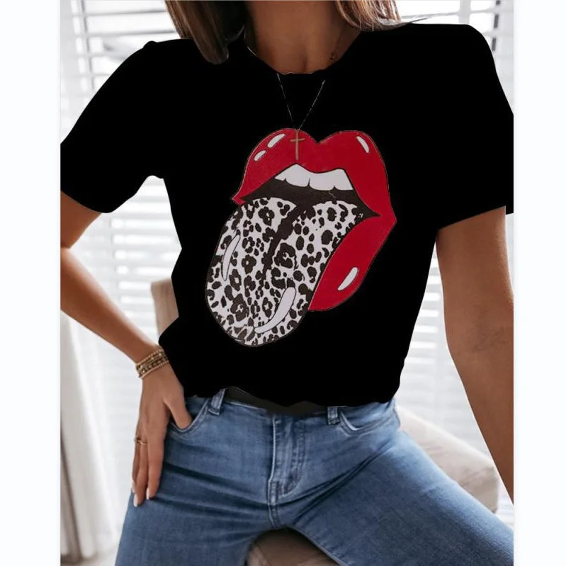 Short Sleeve Round Neck Lip Print Womens T Shirts Wholesale