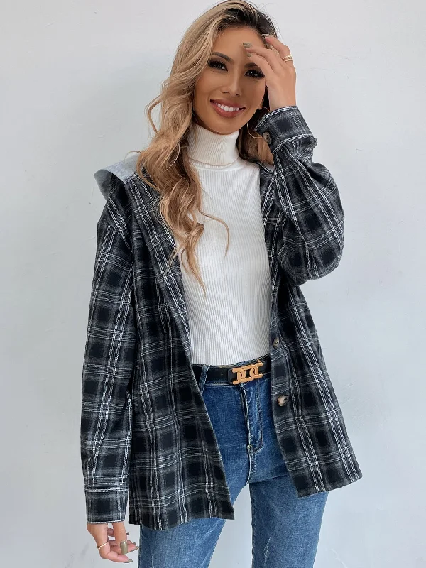 Casual Plaid Button Front Long Sleeve Hooded Short Women Coat