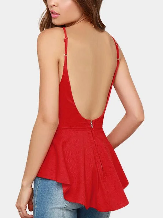 Custom Square Neck Plain Zip Back Backless Pleated Sleeveless Irregular Hem Red Camis