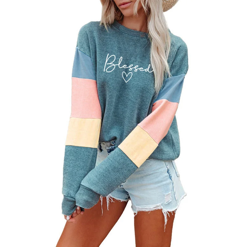 Patchwork Fashion Women Sweatshirt Casual Long Sleeve Pullover blessed Print Crewneck Women logo hoodie  Sweatshirt