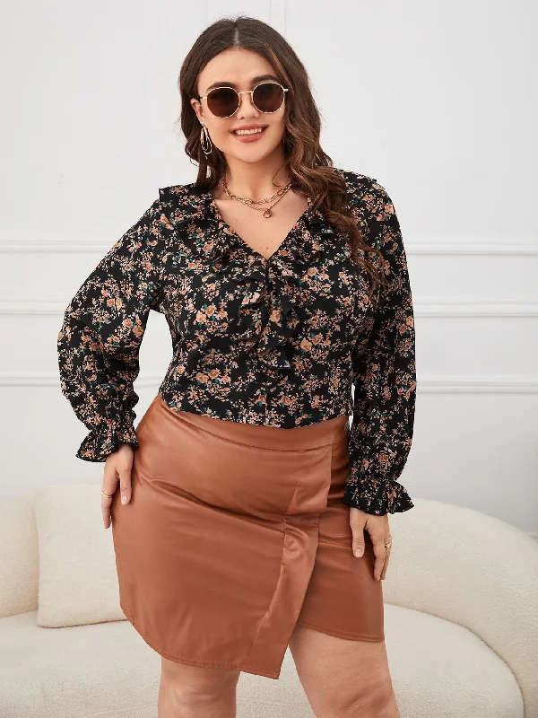 Floral Ruffle Long Sleeve V Neck Regular Plus Size Blouse