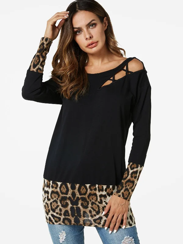 Custom Round Neck Leopard Lace-Up Cut Out Long Sleeve Black T-Shirts