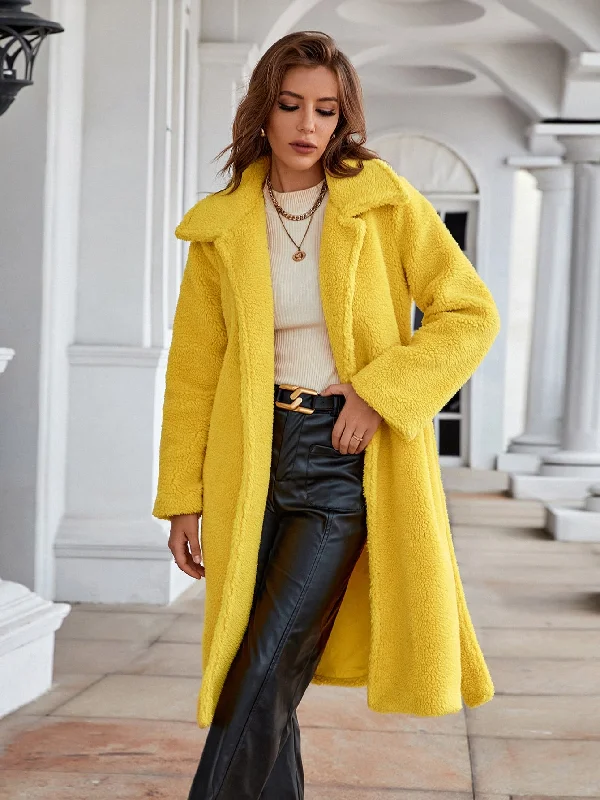 Casual Plain Belted Long Sleeve Lapel Midi Women Coat